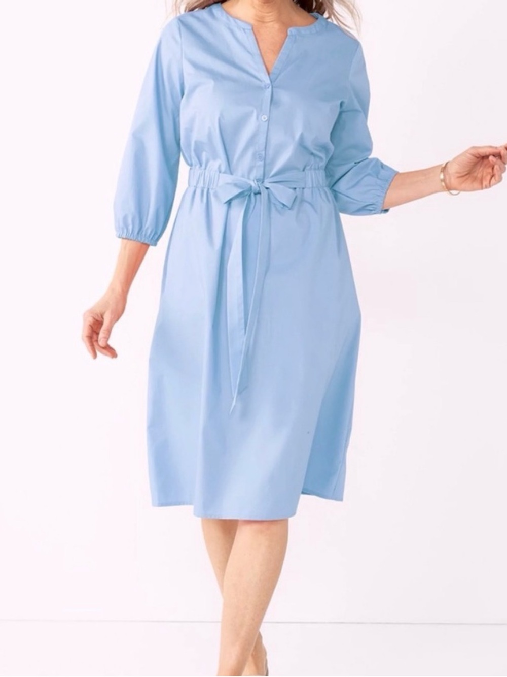 croft & barrow Light Blue Button-Front Midi Dress with Waist Tie